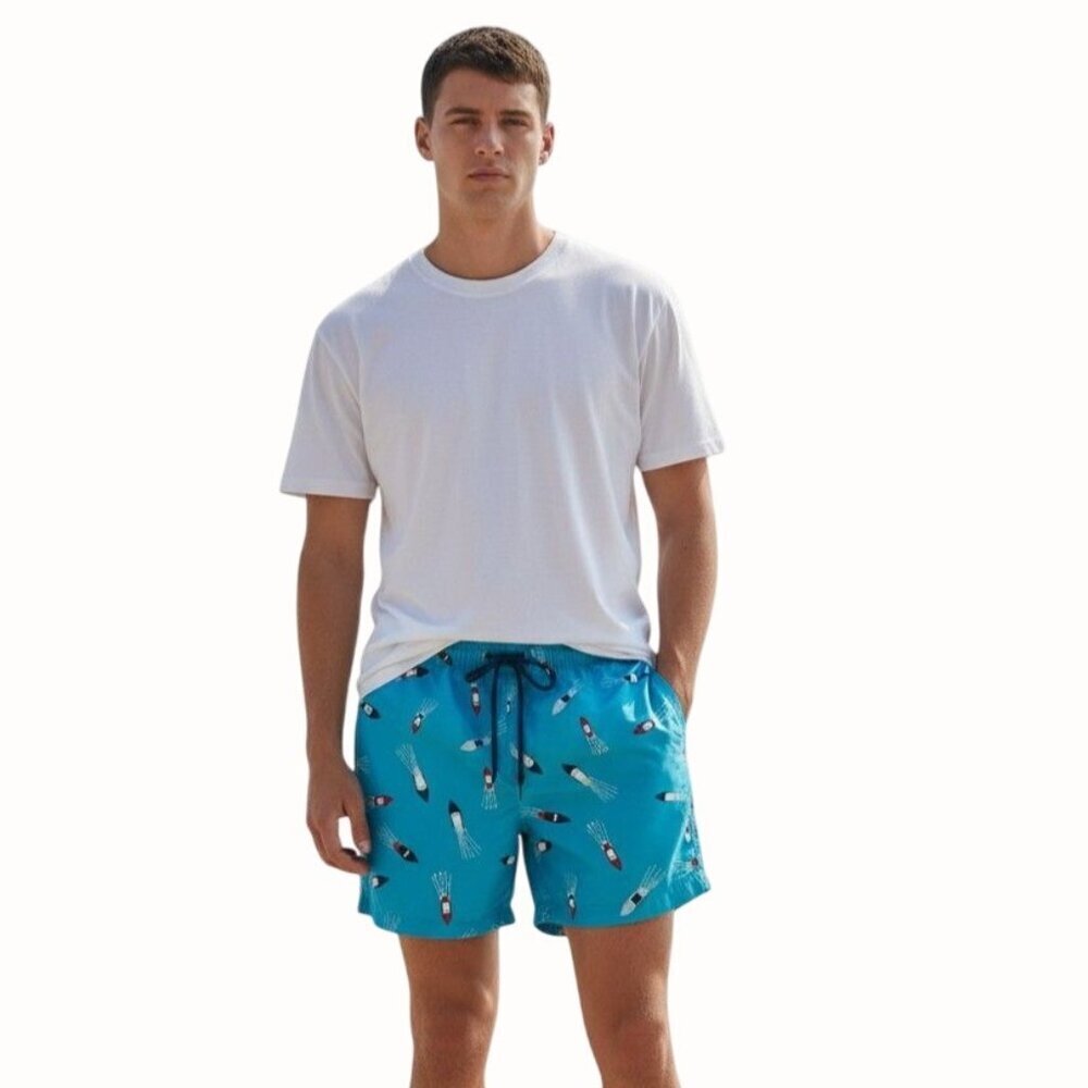 George Mens Swim Shorts Summer Speed Boat Print Blue Large (36-38) Elastic Waist